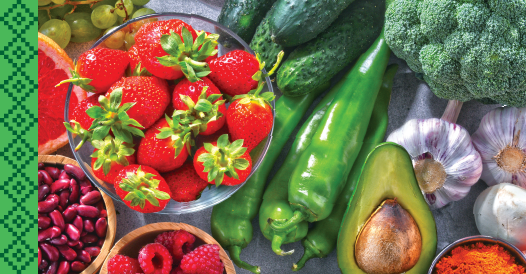 Fresh Fruits & Vegetables Enjoy the freshest produce of the season. Image of strawberries, garlic, avocado, raspberries, and broccoli.