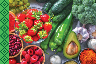 Fresh Fruits & Vegetables Enjoy the freshest produce of the season. Image of strawberries, garlic, avocado, raspberries, and broccoli.